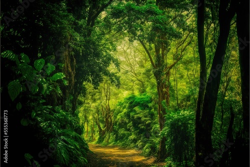 Very dense forest with green trees at Mawlynnong in Meghalaya  India. It is a beautiful village which is notable for cleanliness. Few amount of sunshine are coming through the jungle. Generative AI