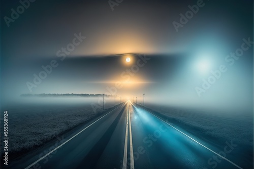 view of the empty highway through the fields in a fog at night. Moonlight  clear sky. Sunrise. Europe. Transportation  logistics  travel  road trip  freedom  driving. Rural scene. Generative AI