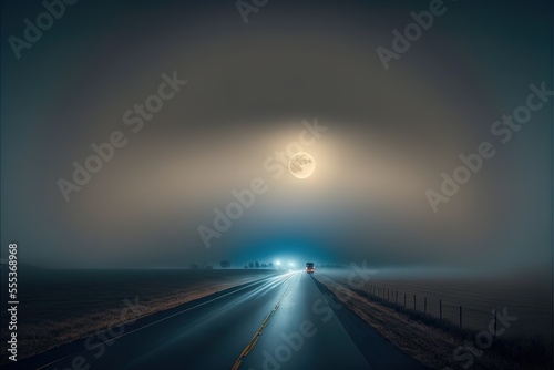 view of the empty highway through the fields in a fog at night. Moonlight, clear sky. Sunrise. Europe. Transportation, logistics, travel, road trip, freedom, driving. Rural scene. Generative AI