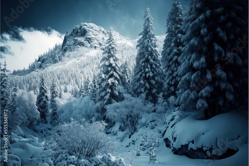 Winter landscape of the mountain forest. Endangered forests due to climate change. Generative AI