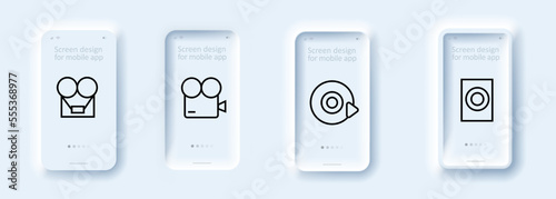 Shooting icons set. Projector, camera, plate, disk, sale, video, film. Shooting concept. Neomorphism style. Vector line icon for business