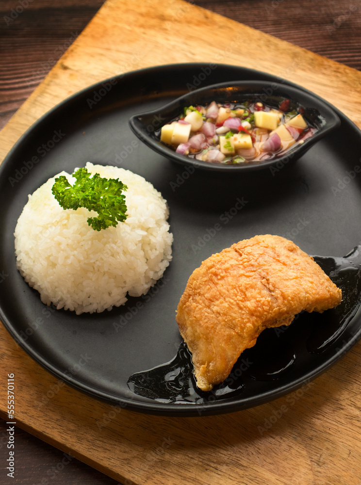 fried fish wiht rice and dipping sauce fried fish wiht rice and dipping sauce