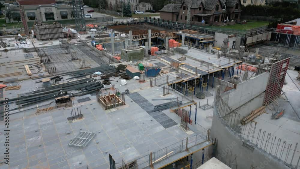 Drone flying through and above an empty construction site in Toronto, Ontario, Canada Drone flying through and above an empty construction site in Toronto, Ontario, Canada