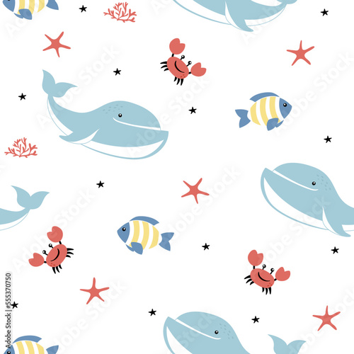 Cute cartoon undersea world. Deep Ocean or sea with fish, crab, whales, stars and sea stars. Vector seamless pattern