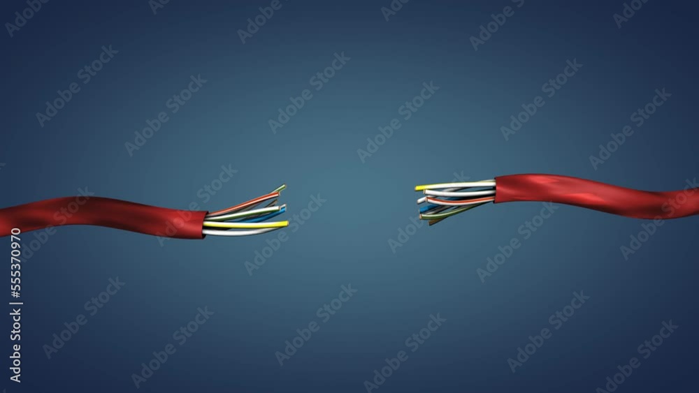 Animation of electric cable break with spark between two copper wires