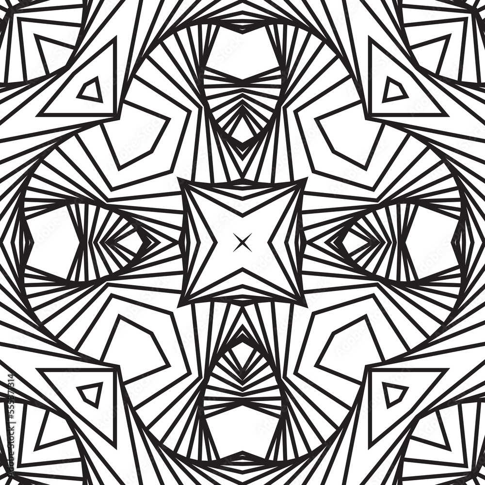 Monochrome 3D visual effect, the illusion of movement, on a white background. Geometric shapes from the black lines. Monochrome 3D visual effect, the illusion of movement, on a white background. Geometric shapes from the black lines.