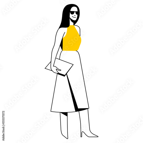 vector flat design trendy linear illustration beautiful stylish woman in long midi skirt. street style, fashion. useful for web, graphic design, print, clothing stores, postcard, poster. 2d people.