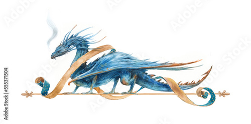 Watercolor illustration of a beautiful medieval dragon in a realistic style.