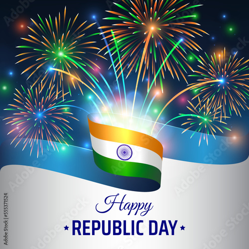 January 26, india republic day, vector template with indian flag and colorful fireworks on blue night sky background. India national holiday january 26th. Republic day card