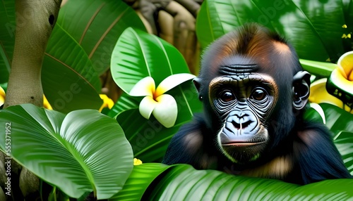 Сute baby Gorilla peeking out in hawaii jungle with plumeria flowers. Amazing tropical floral pattern.  © Divyesh
