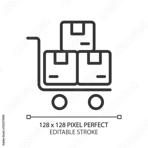 Delivery cart pixel perfect linear icon. Warehouse equipment. Parcels, goods transportation. Storage. Thin line illustration. Contour symbol. Vector outline drawing. Editable stroke. Arial font used