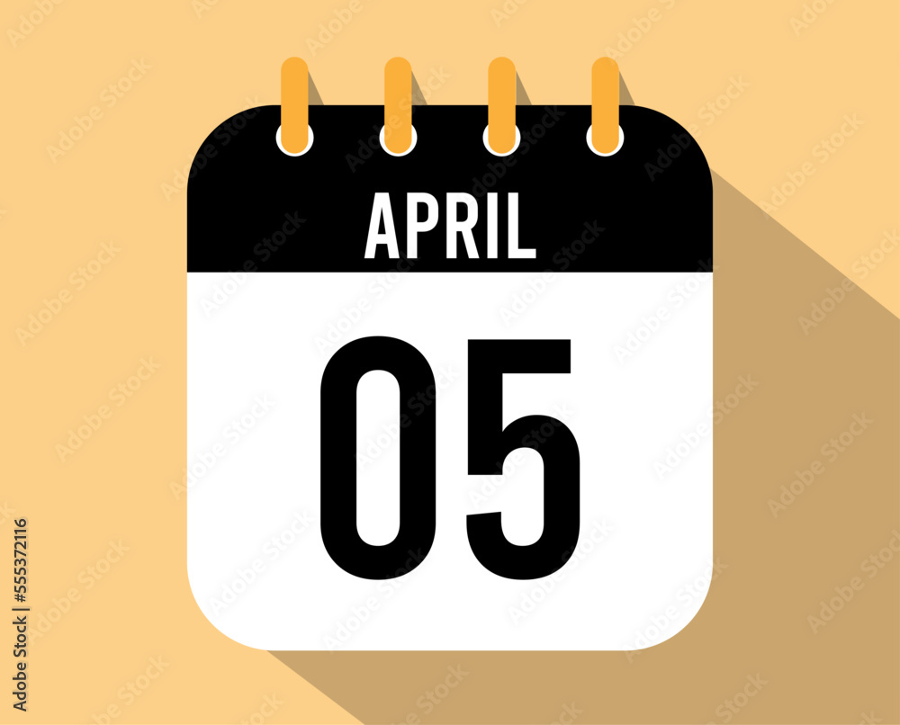 5 April calendar icon. Vector black for the month of April with shadow effect 5 April calendar icon. Vector black for the month of April with shadow effect