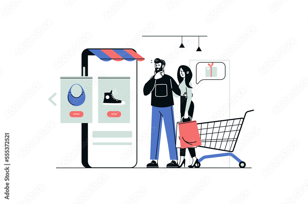 E-commerce concept in flat line design. Man and woman search and choose goods on website of store in mobile application and pay for purchases. Illustration with outline people scene for web E-commerce concept in flat line design. Man and woman search and choose goods on website of store in mobile application and pay for purchases. Illustration with outline people scene for web