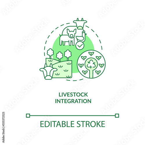 Livestock integration green concept icon. Ecosystem. Regenerative farming principle abstract idea thin line illustration. Isolated outline drawing. Editable stroke. Arial, Myriad Pro-Bold fonts used
