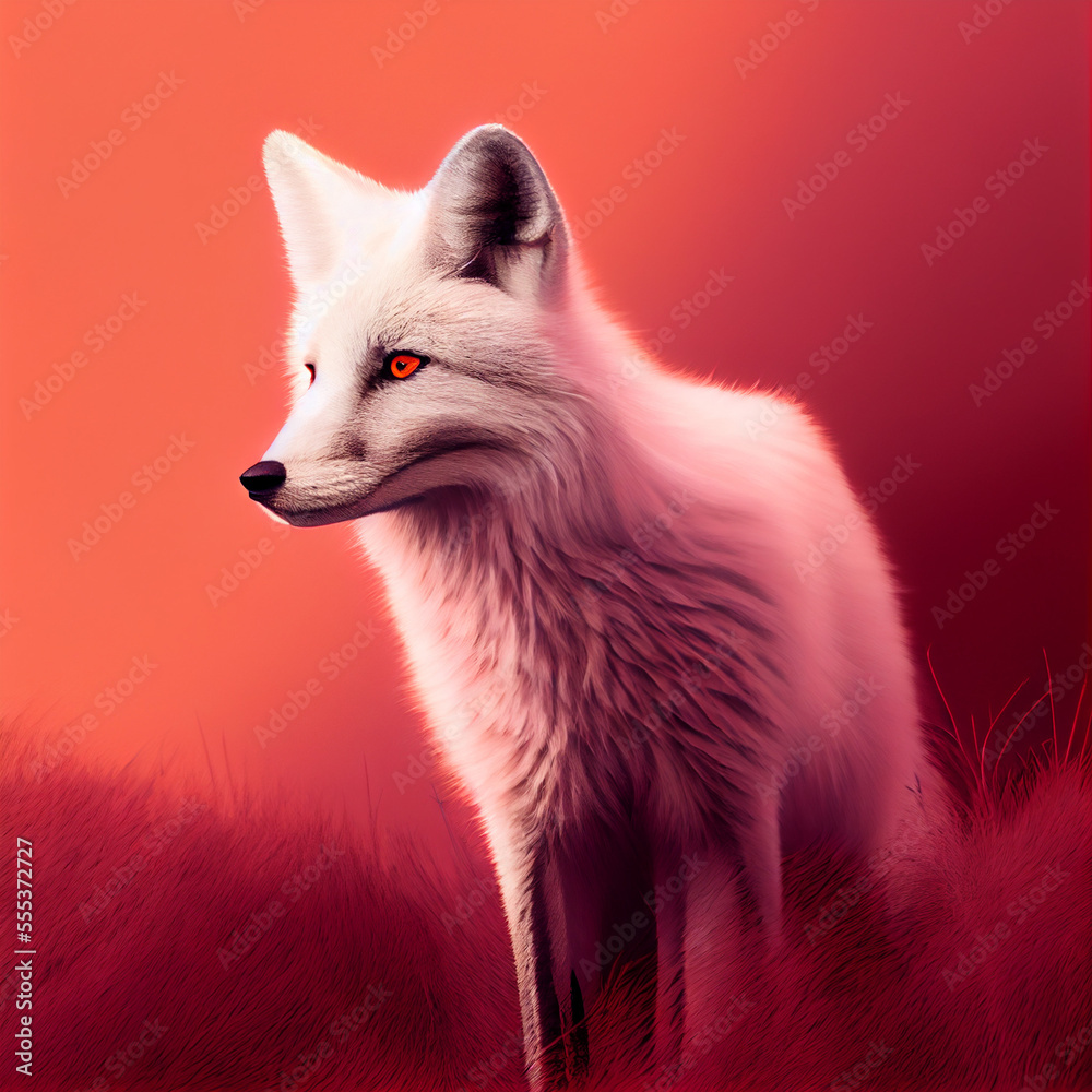 Sitting fox with red background, generative ai