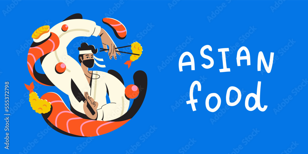 Japanese cook Asian food. Asian chef cooks Asian fish food. Sushi preparation Japanese cook Asian food. Asian chef cooks Asian fish food. Sushi preparation