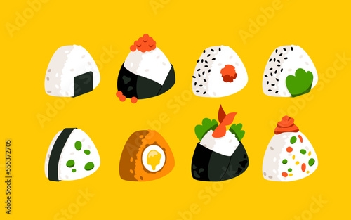 A set of onigiri. Asian rice food. Japanese fast food. Onigiri with various fillings