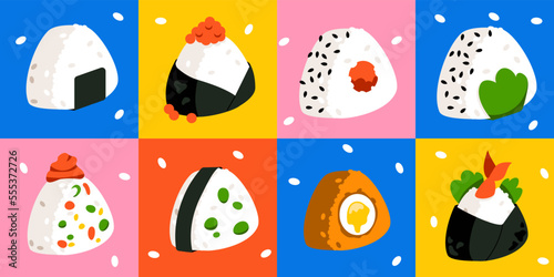 A set of onigiri. Asian rice food. Japanese fast food. Onigiri with various fillings