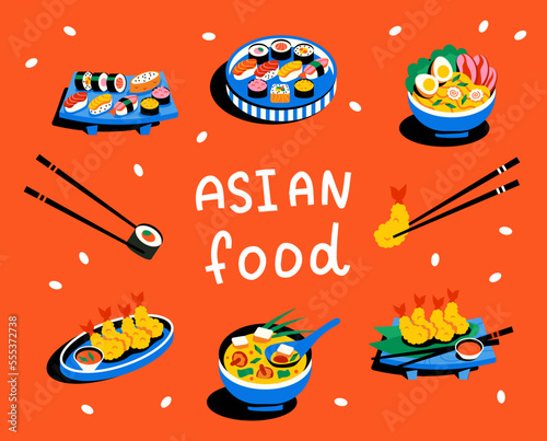 A set of Asian dishes. Asian food on plates with Chinese chopsticks. Sushi, miso soup, rolls