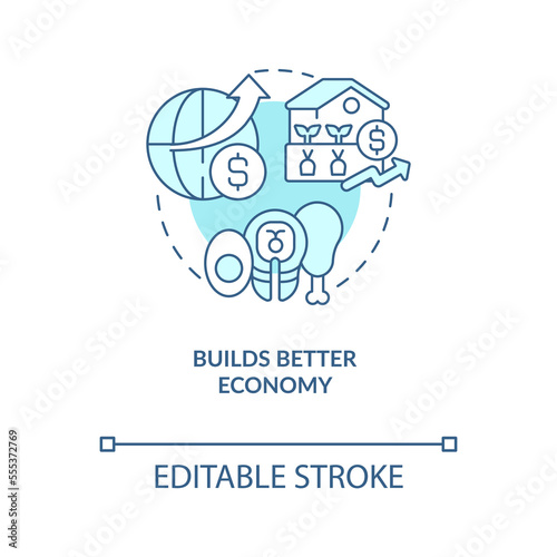 Builds better economy turquoise concept icon. Nutrition products. Regenerative food abstract idea thin line illustration. Isolated outline drawing. Editable stroke. Arial, Myriad Pro-Bold fonts used