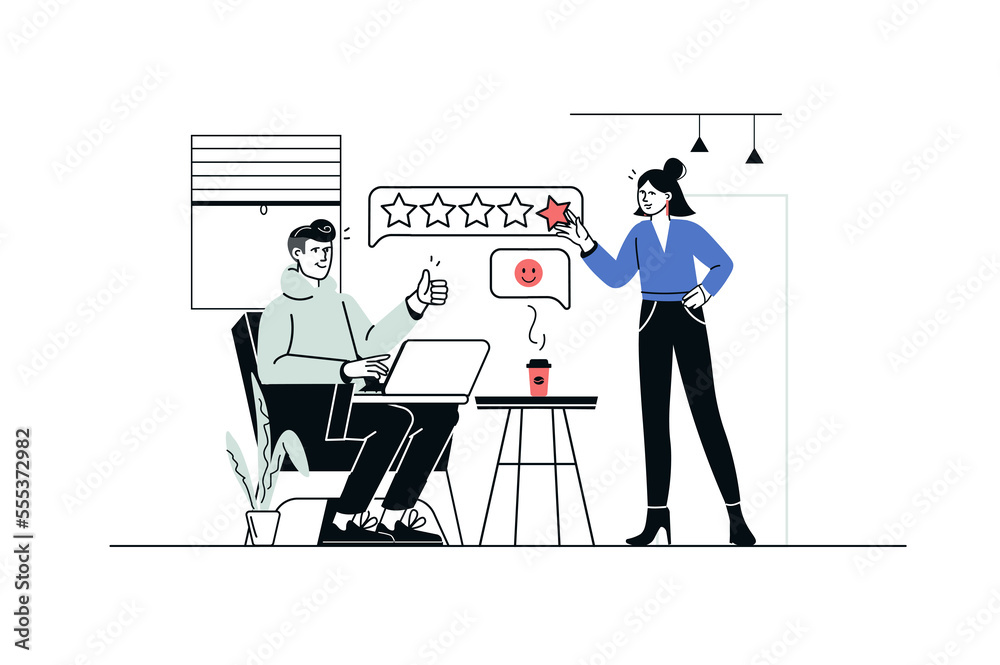 Obraz premium Best feedback concept in flat line design. Man and woman giving consumer feedbacks with stars, leaving comments with good experience and review. Illustration with outline people scene for web