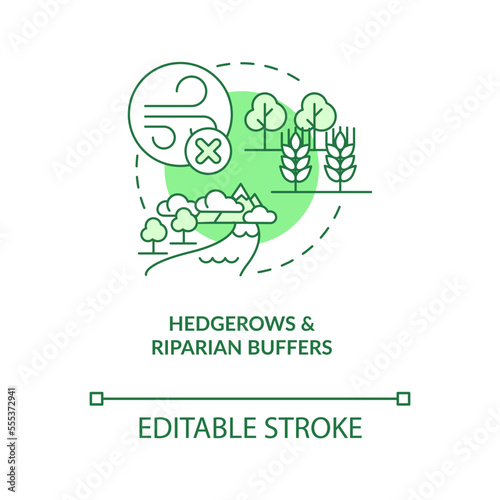 Hedgerows and riparian buffers green concept icon. Regenerative agriculture abstract idea thin line illustration. Isolated outline drawing. Editable stroke. Arial, Myriad Pro-Bold fonts used