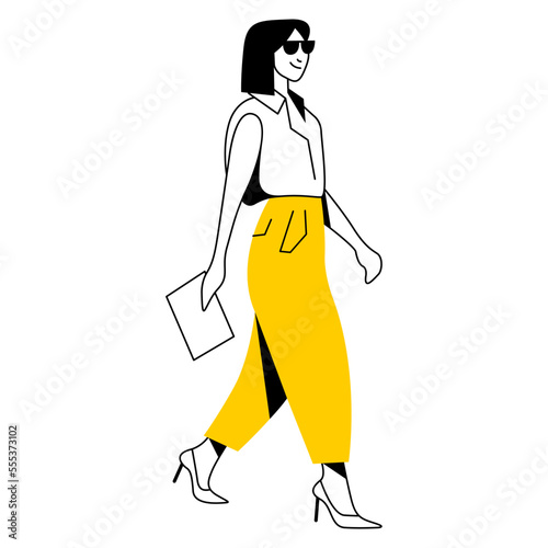 vector trendy linear image of a beautiful stylish girl in fashionable clothes walking down the street. street style, fashion. useful for architectural drawing, industrial design, web, graphic design