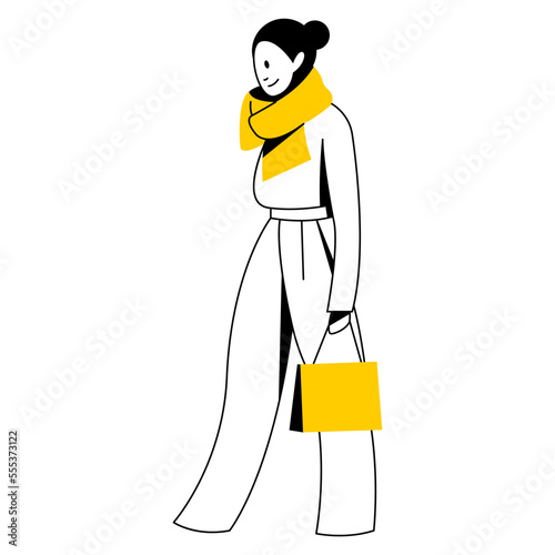vector trendy linear image of a beautiful stylish girl in fashionable clothes walking down the street. street style, fashion. useful for architectural drawing, industrial design, web, graphic design