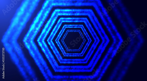 Hexagonal tunnel with depth of field. Abstract futuristic tunnel with neon light. Glowing particles honeycomb shapes. Vector illustration.