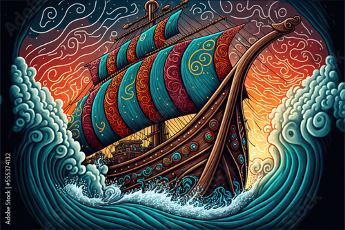Viking ship on stormy sea фототапет