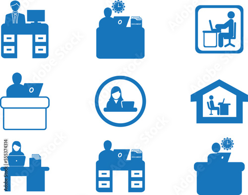 Office employee on workplace online icon set, remote job icon set blue vector