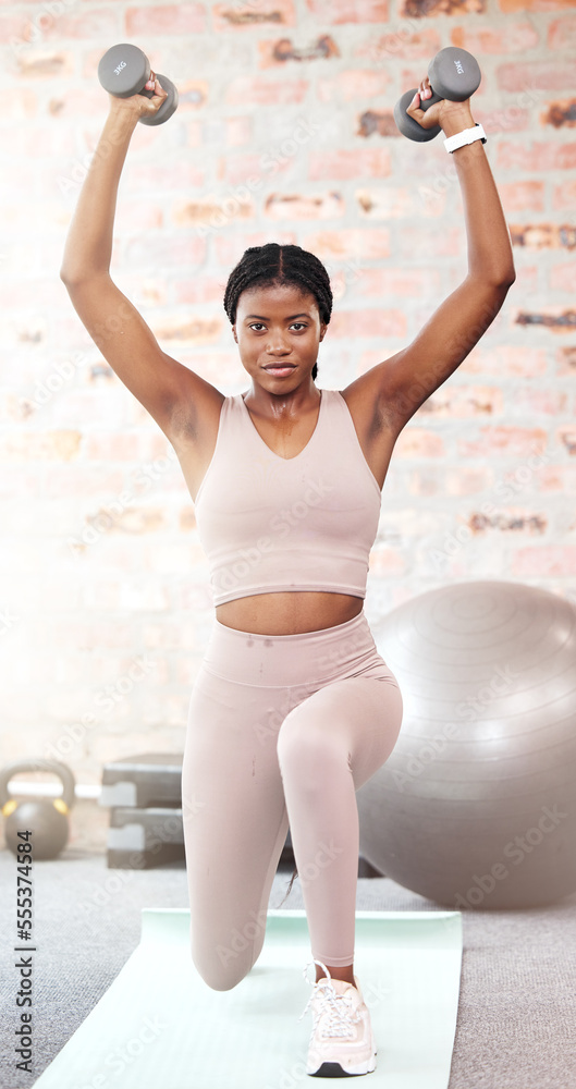 Black woman, dumbbell exercise and lunge in gym for sports