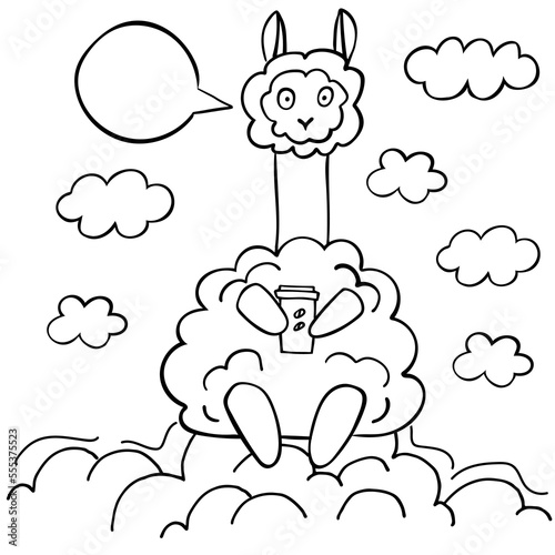 Hand drawn cute outline llama holding a cup of coffee sitting in the clouds isolated on white background. Perfect for coloring page, coloring book, print. Vector illustration.