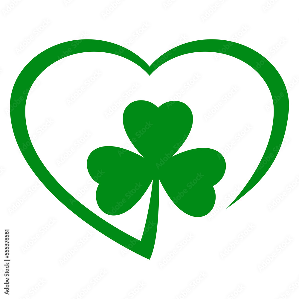 Día de San Patricio. Silueta aislada de corazón lineal con shamrock de 3 hojas Día de San Patricio. Silueta aislada de corazón lineal con shamrock de 3 hojas