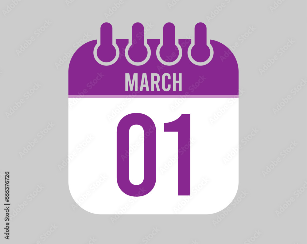 1 March calendar vector. Icon for March days in purple calendar 1 March calendar vector. Icon for March days in purple calendar