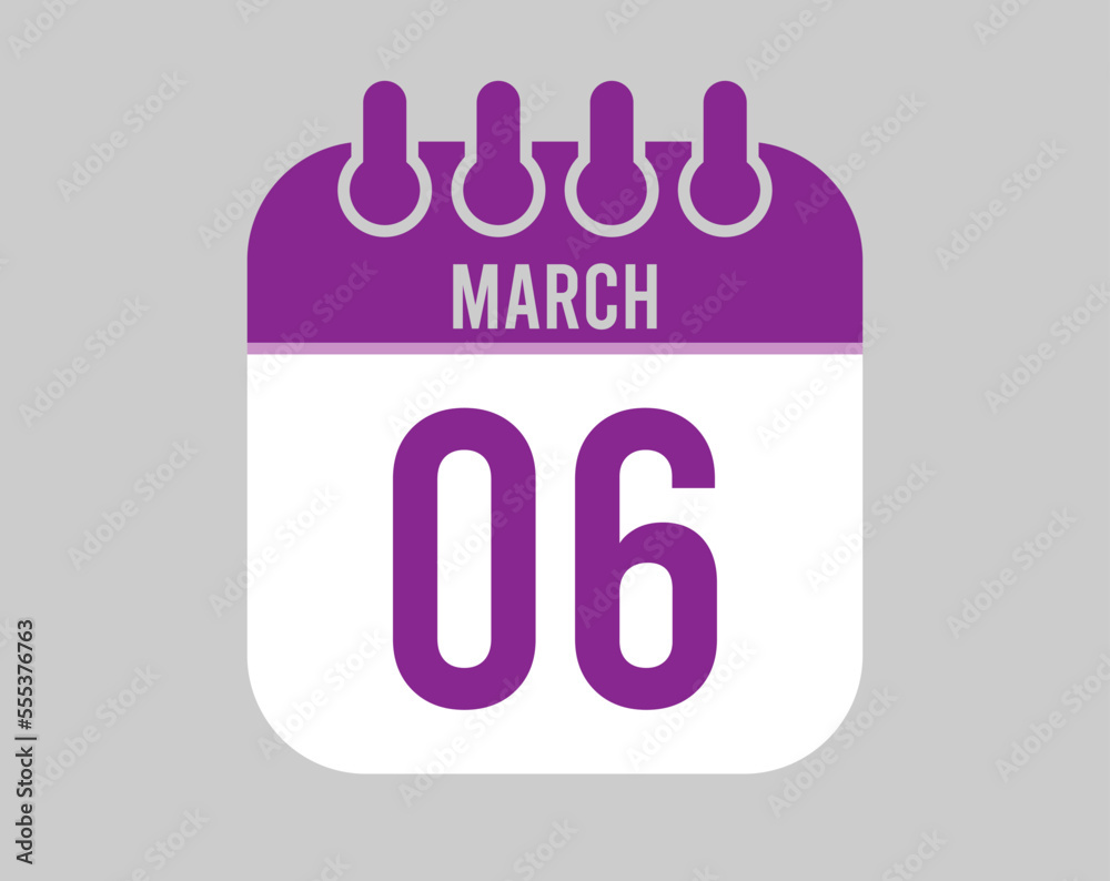 6 March calendar vector. Icon for March days in purple calendar 6 March calendar vector. Icon for March days in purple calendar