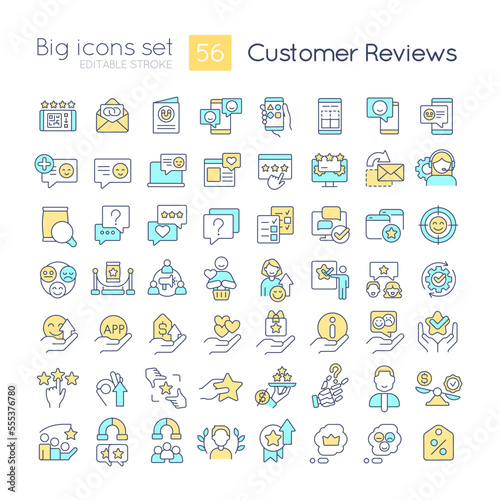 Customer satisfaction feedback RGB color icons set. Boost sales. Communication with client. Isolated vector illustrations. Simple filled line drawings collection. Editable stroke. Quicksand-Light font