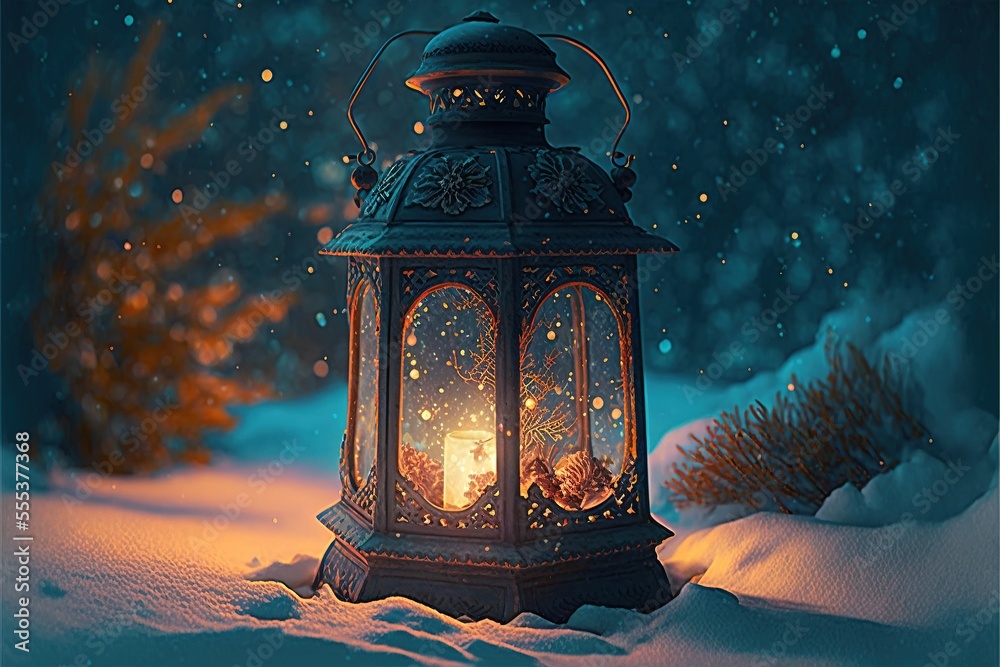 Fairytale antique lantern with magic light on bokeh snowy forest background. AI