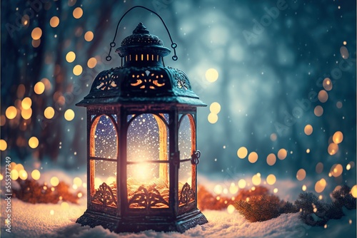 Fairytale antique lantern with magic light on bokeh snowy forest background. AI