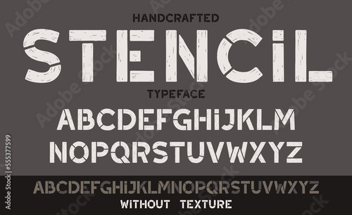 Original and creative stencil font. Set of handcrafted stencil-plate letters with brush motion texture. Vector high quality typeface