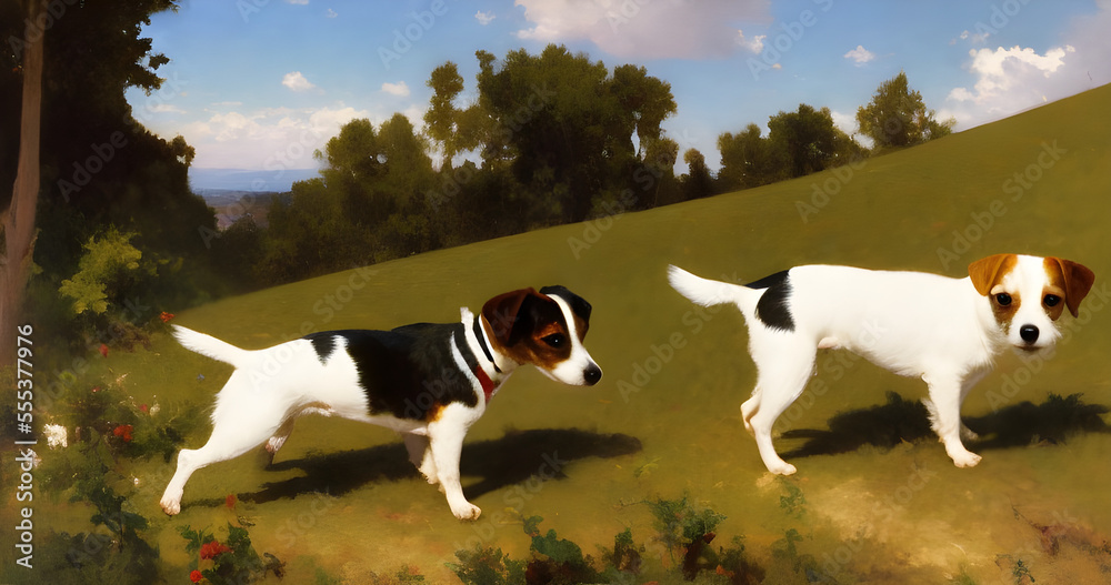 A Painting of two cute Jack Russel Terrier created with Generative AI A Painting of two cute Jack Russel Terrier created with Generative AI