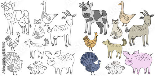 Doodle farm animals. Cartoon illustration. Hand drawn cow, pig, rabbit, dog, geese, chicken, cat.