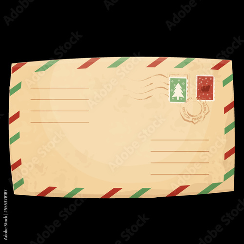 Christmas retro letter, envelope with stamp, seal in cartoon style isolated on white background. Greeting, decoration. Vintage textured paper. 