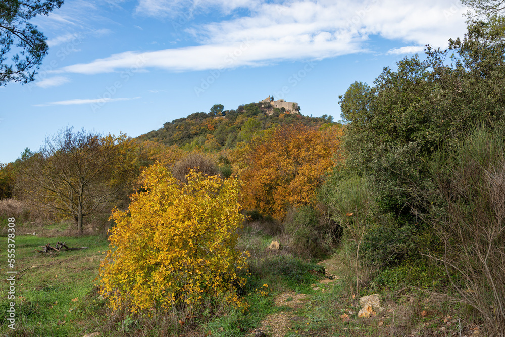 Ruins of the castle of Castellas, over Rocbaron and Forcalquieret in Provence, France, under a nice cloudy sky in winter