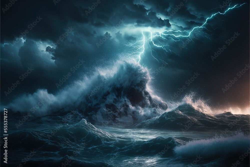 Night sea dramatic landscape with a storm. Night storm on the ocean. Gloomy giant waves and lightning. Dark cloudy sky above the water. AI - obrazy, fototapety, plakaty 