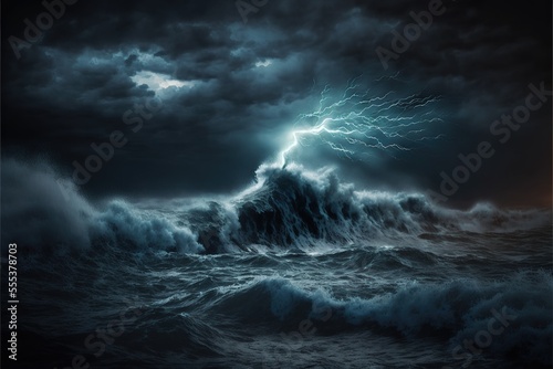 Night sea dramatic landscape with a storm. Night storm on the ocean. Gloomy giant waves and lightning. Dark cloudy sky above the water. AI © Terablete