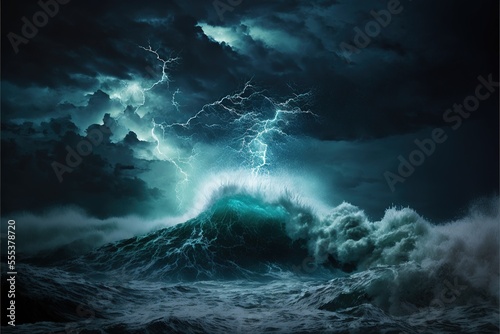Night sea dramatic landscape with a storm. Night storm on the ocean. Gloomy giant waves and lightning. Dark cloudy sky above the water. AI