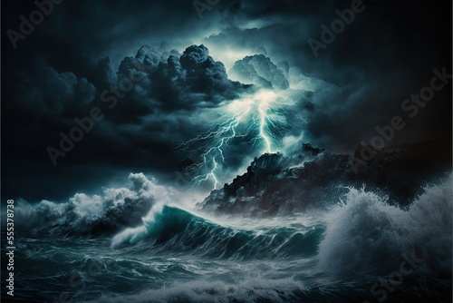 Night sea dramatic landscape with a storm. Night storm on the ocean. Gloomy giant waves and lightning. Dark cloudy sky above the water. AI photo