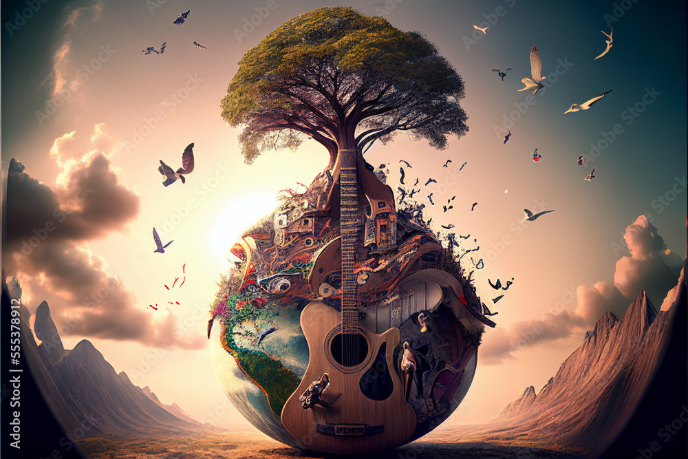 Music planet. Planet earth and musical instruments. Harmony concept. - obrazy, fototapety, plakaty 