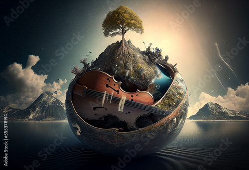 Music planet. Planet earth and musical instruments. Harmony concept. photo